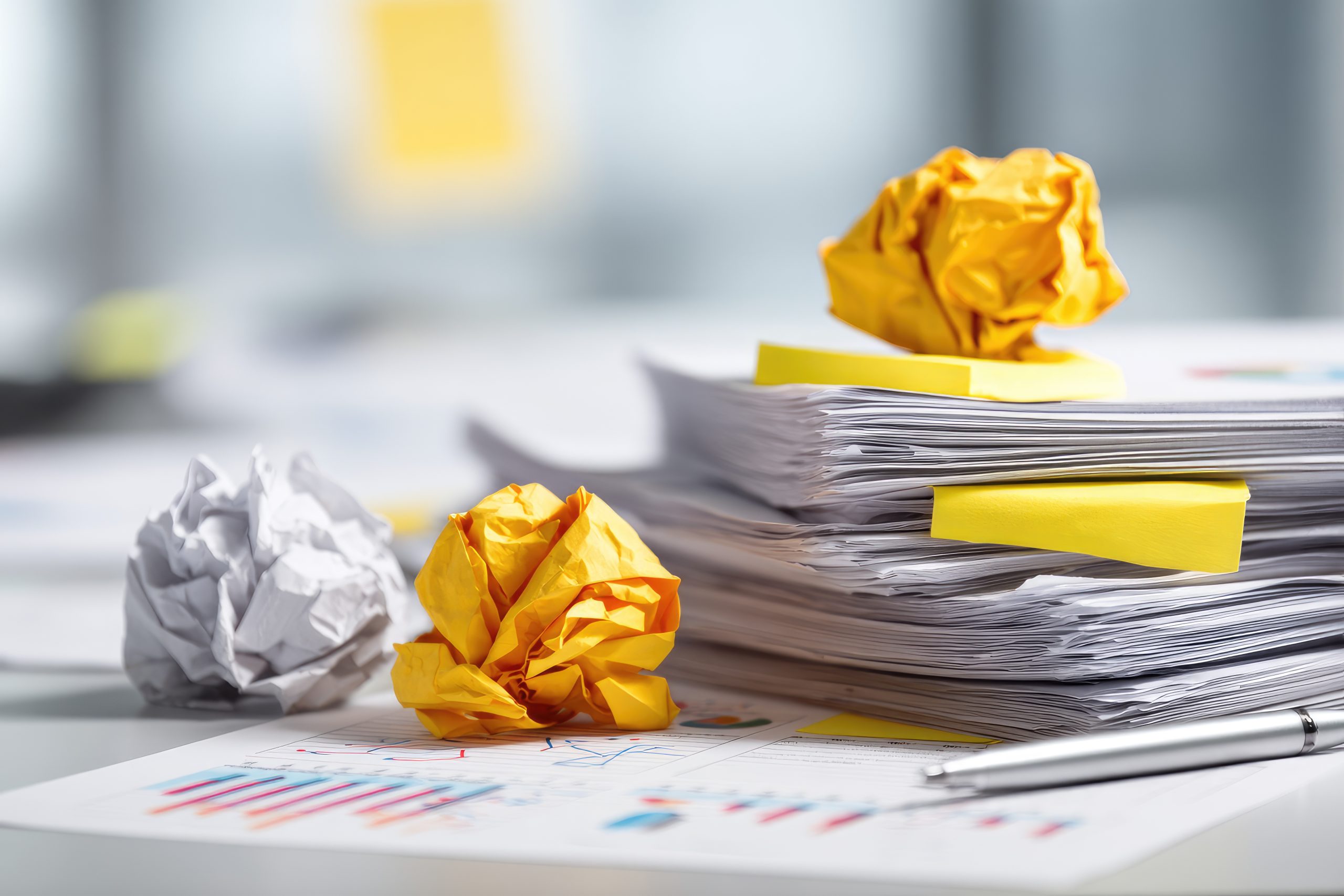 Crumpled paperwork piling up