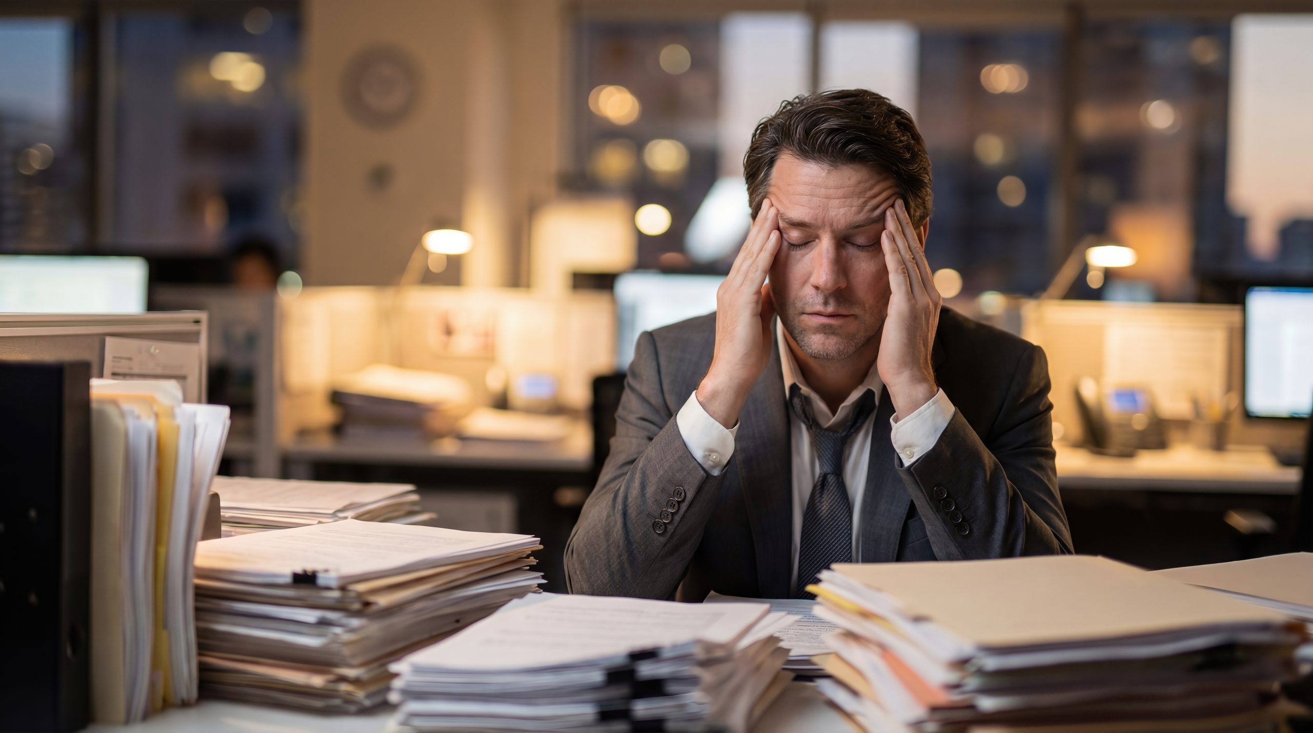 Stressed business owner buried in paperwork