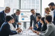 A diverse group of professionals are gathered in an office setting, engaged in a meeting to discuss workflow optimization. The backdrop features a presentation on a screen, and the team appears focused and collaborative, emphasizing proactive business strategies.